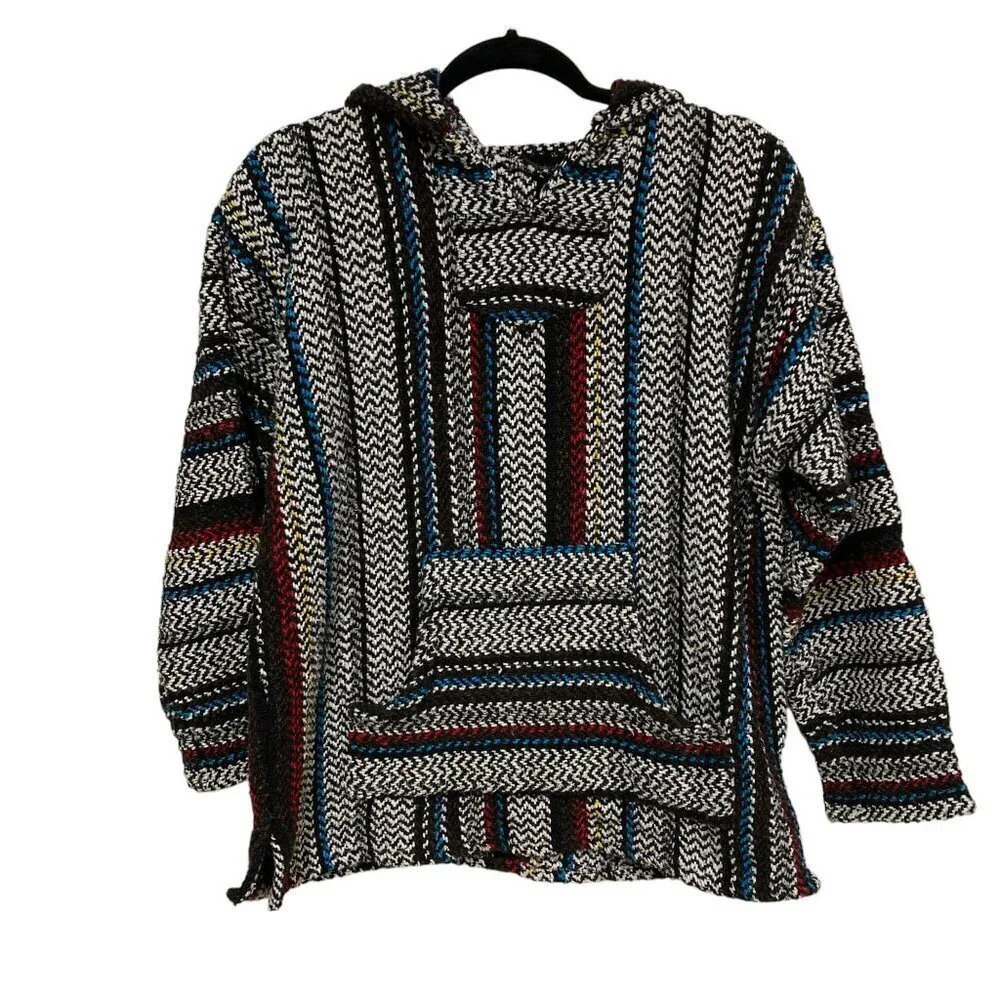 Baja Joe Mexican Woven Hoodie‎ Pullover Women's Size Large Peace Hippie Boho